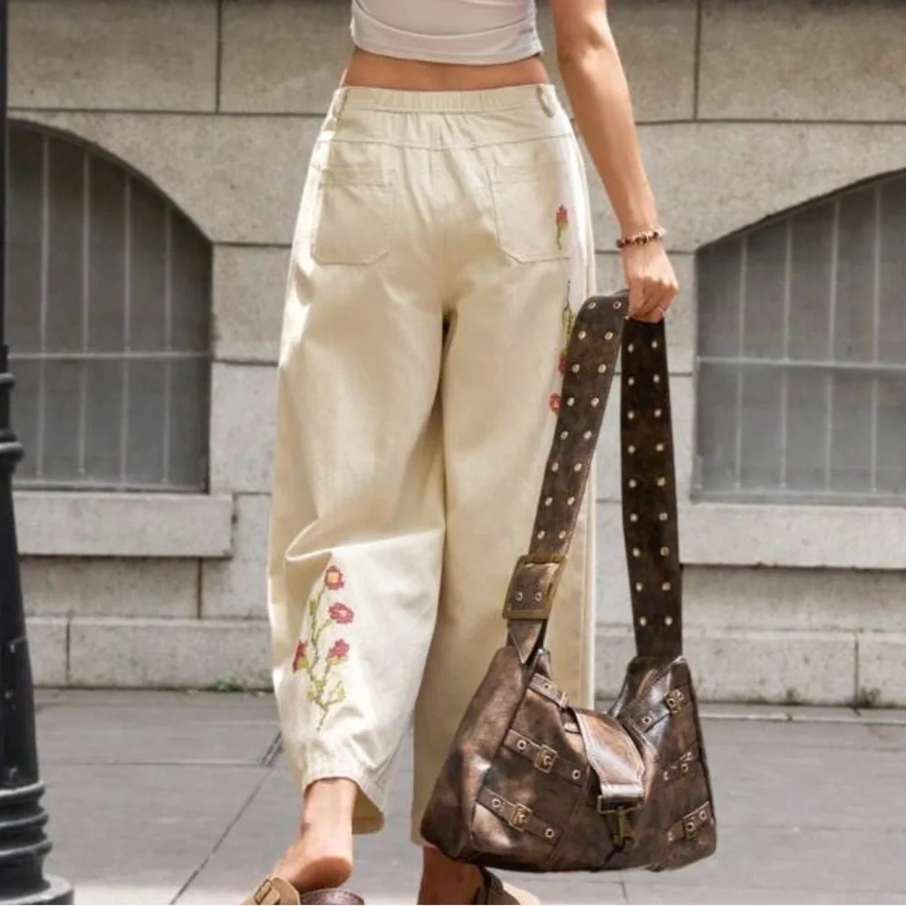 SHEIN Floral Embroidered Tan Wide-Leg Pants - Picture 2 of 7